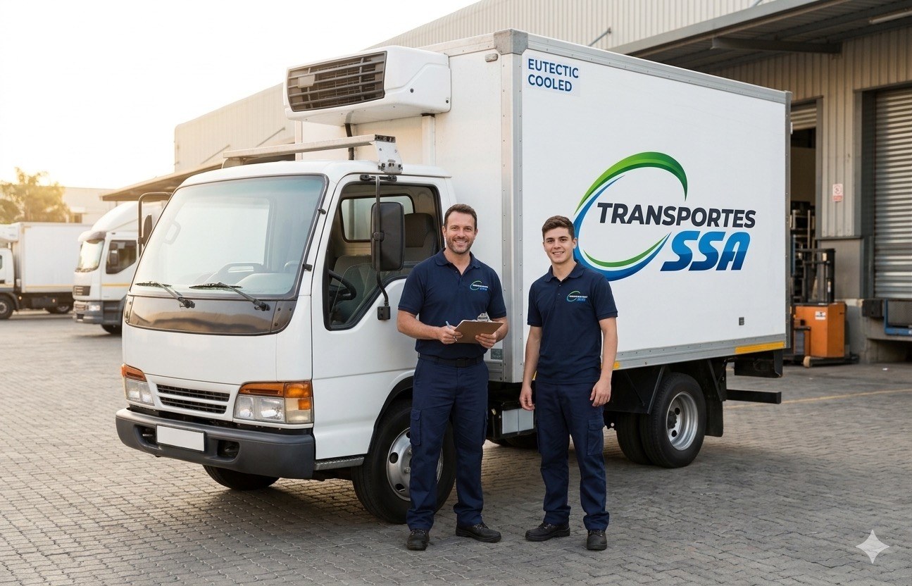 Integrantes del equipo de Transportes Ossa junto a un camión de la flota